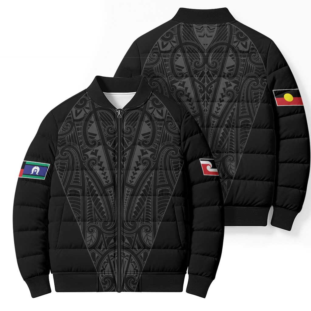 Queensland Maori Rugby Nga Hau e Wha Bomber Puffer Jacket Black Motif - Aussie Hoodie