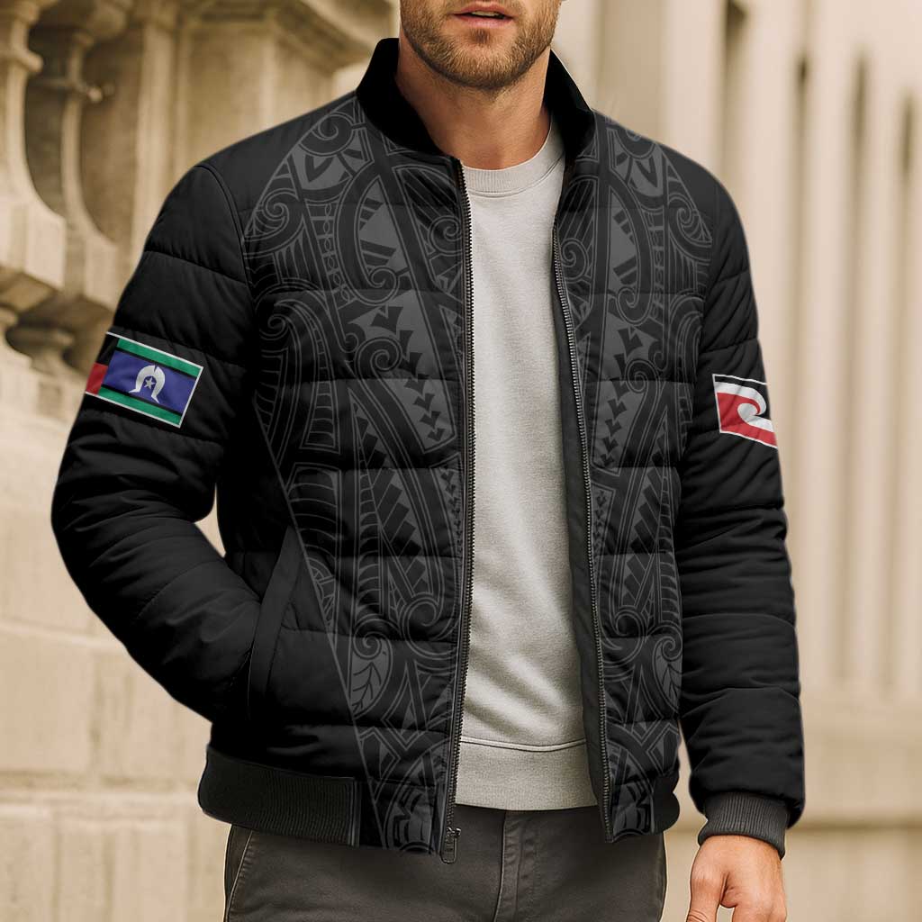 Queensland Maori Rugby Nga Hau e Wha Bomber Puffer Jacket Black Motif - Aussie Hoodie