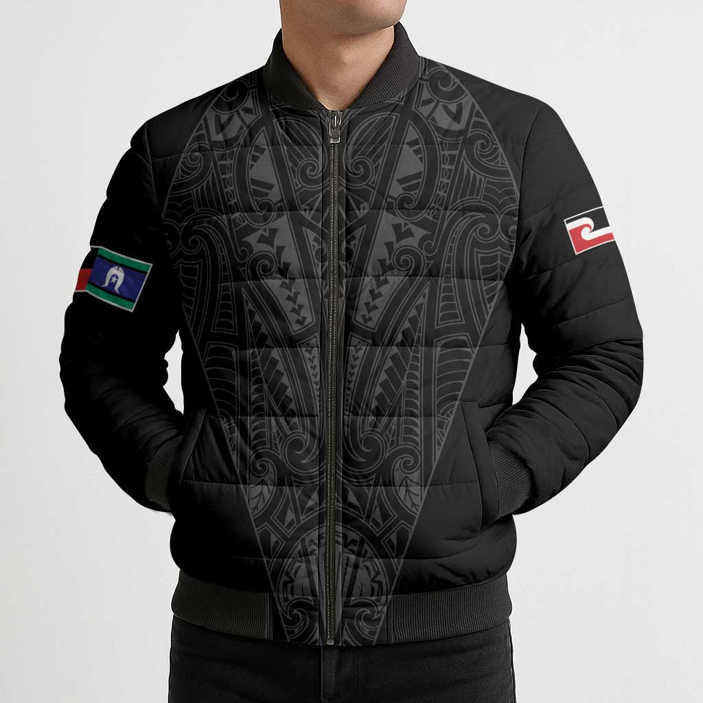Queensland Maori Rugby Nga Hau e Wha Bomber Puffer Jacket Black Motif - Aussie Hoodie