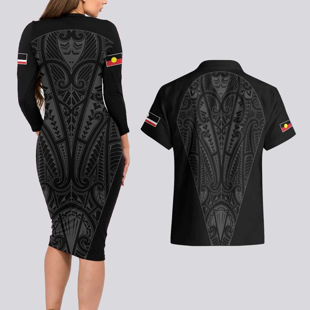 Queensland Maori Rugby Nga Hau e Wha Couples Matching Long Sleeve Bodycon Dress and Hawaiian Shirt Black Motif