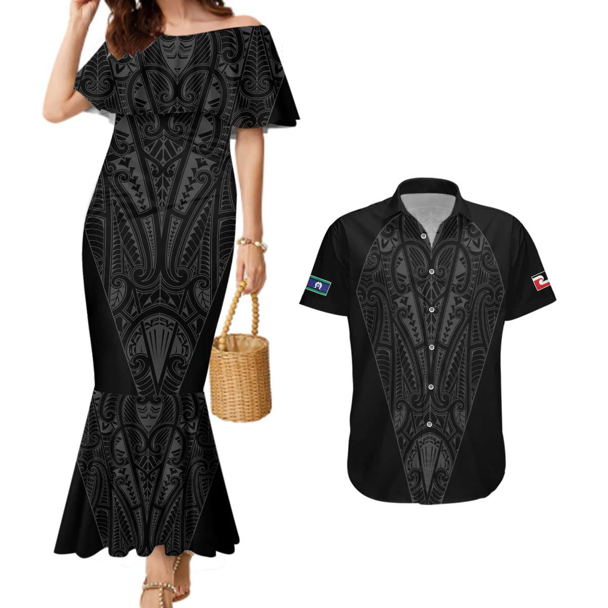 Queensland Maori Rugby Nga Hau e Wha Couples Matching Mermaid Dress and Hawaiian Shirt Black Motif
