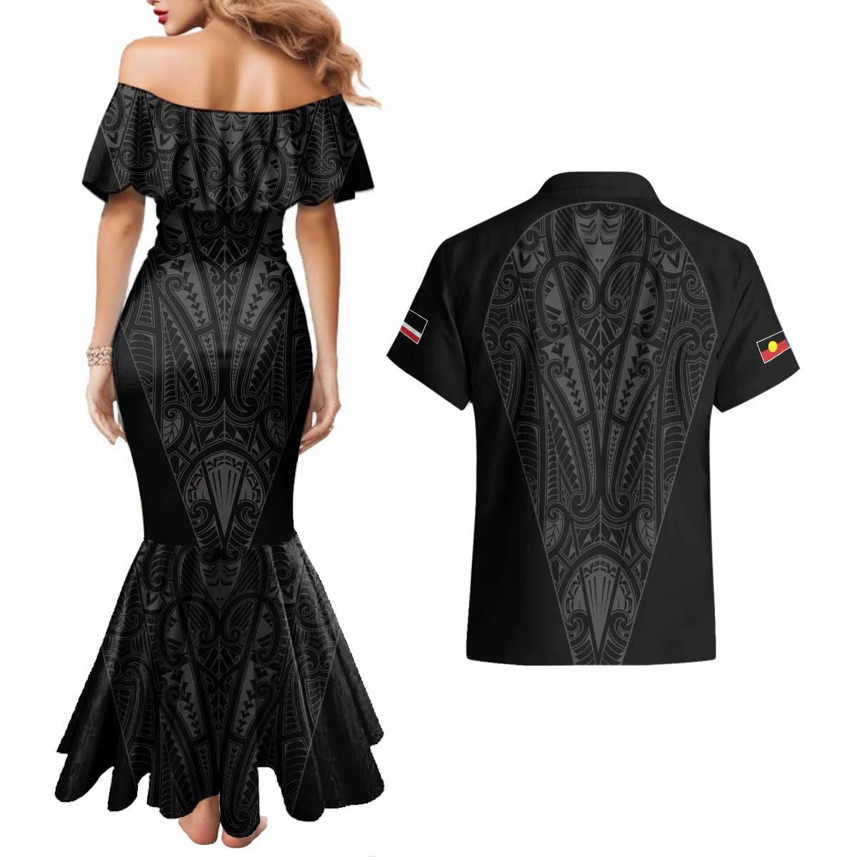 Queensland Maori Rugby Nga Hau e Wha Couples Matching Mermaid Dress and Hawaiian Shirt Black Motif