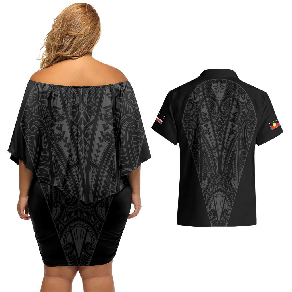 Queensland Maori Rugby Nga Hau e Wha Couples Matching Off Shoulder Short Dress and Hawaiian Shirt Black Motif