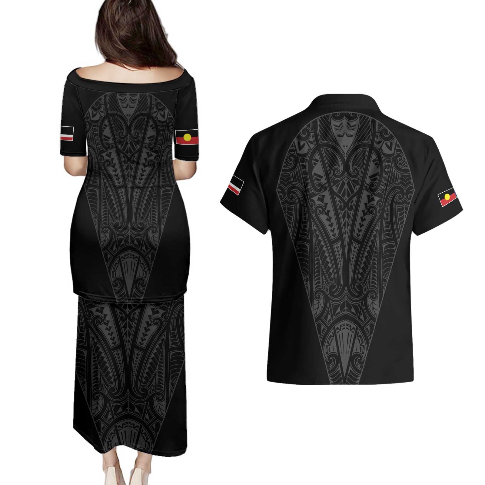 Queensland Maori Rugby Nga Hau e Wha Couples Matching Puletasi and Hawaiian Shirt Black Motif