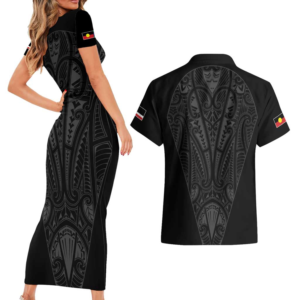 Queensland Maori Rugby Nga Hau e Wha Couples Matching Short Sleeve Bodycon Dress and Hawaiian Shirt Black Motif