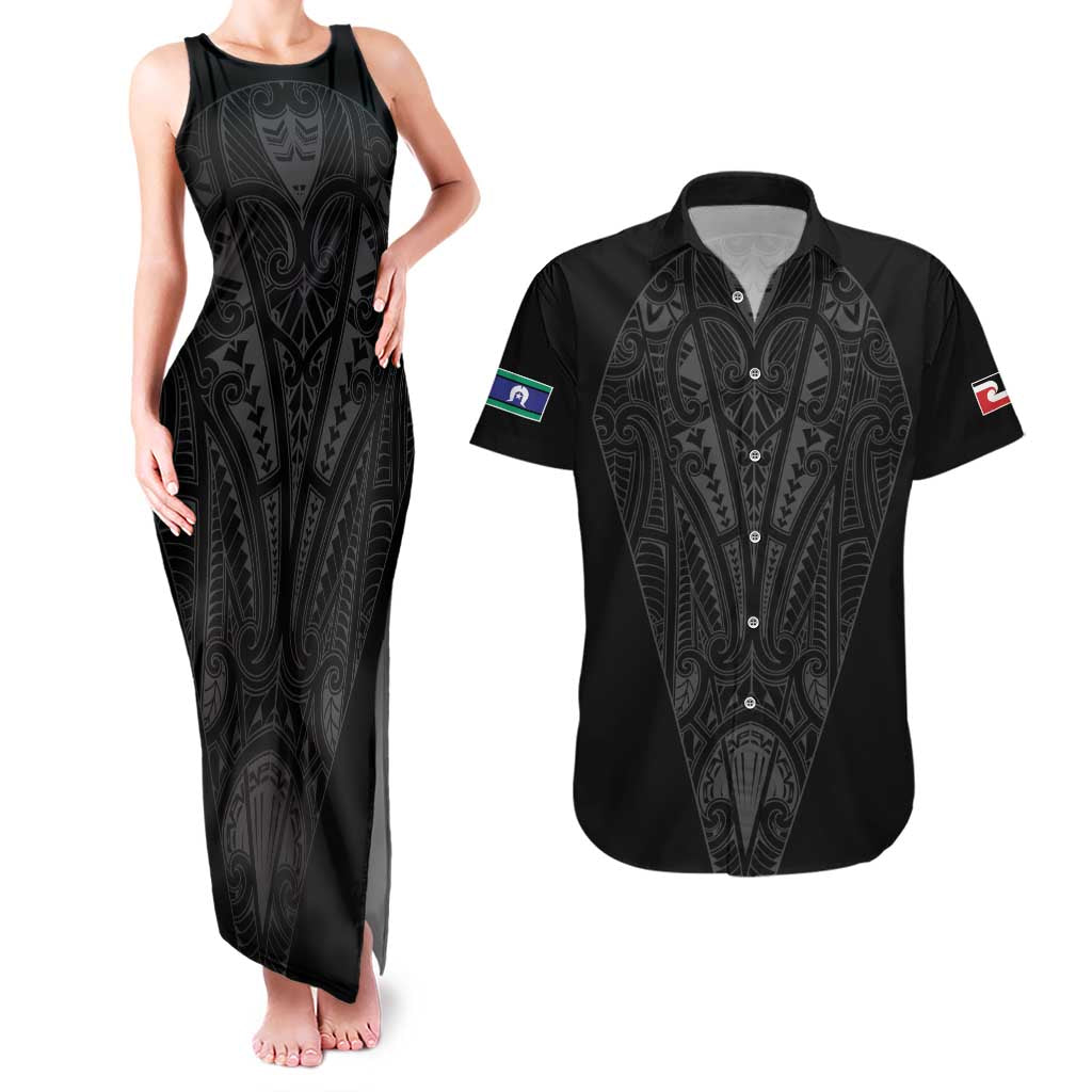 Queensland Maori Rugby Nga Hau e Wha Couples Matching Tank Maxi Dress and Hawaiian Shirt Black Motif