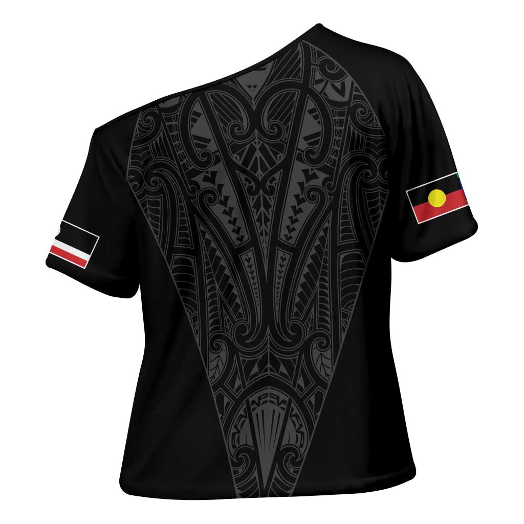 Queensland Maori Rugby Nga Hau e Wha Cross Shoulder Shirt Black Motif - Aussie Hoodie