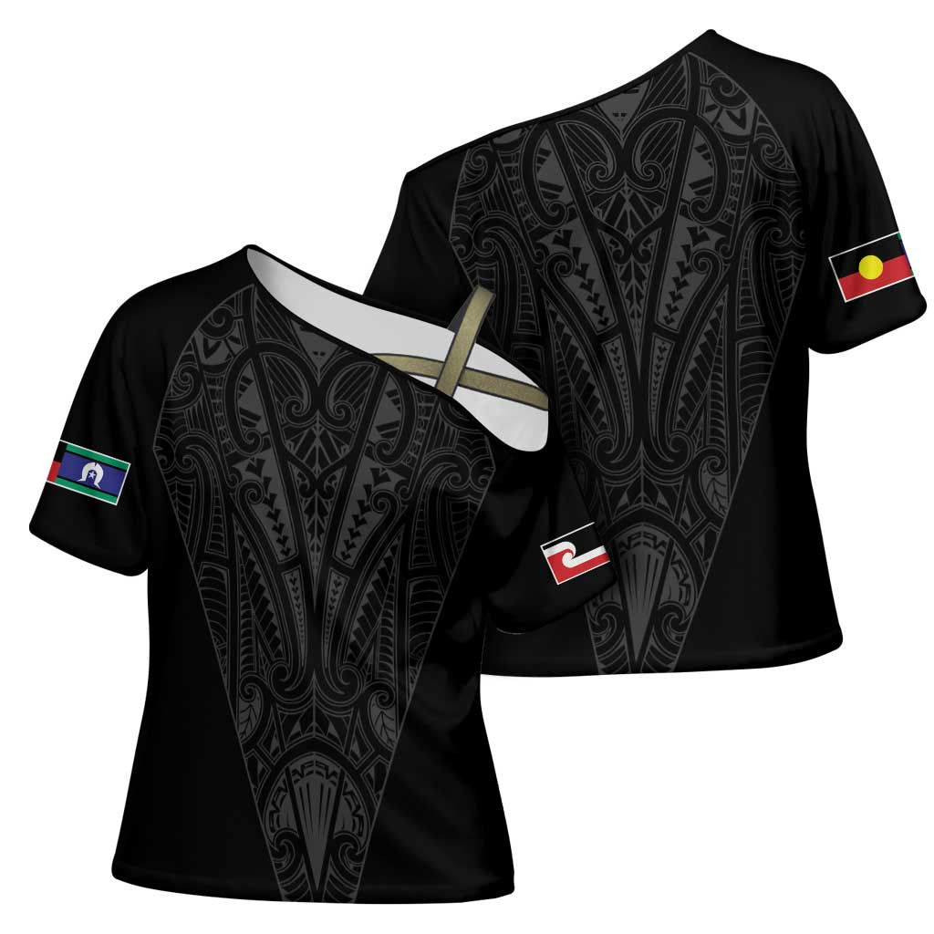 Queensland Maori Rugby Nga Hau e Wha Cross Shoulder Shirt Black Motif - Aussie Hoodie