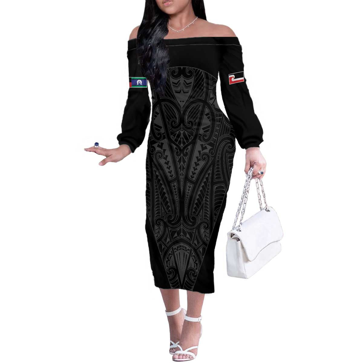Queensland Maori Rugby Nga Hau e Wha Family Matching Off The Shoulder Long Sleeve Dress and Hawaiian Shirt Black Motif