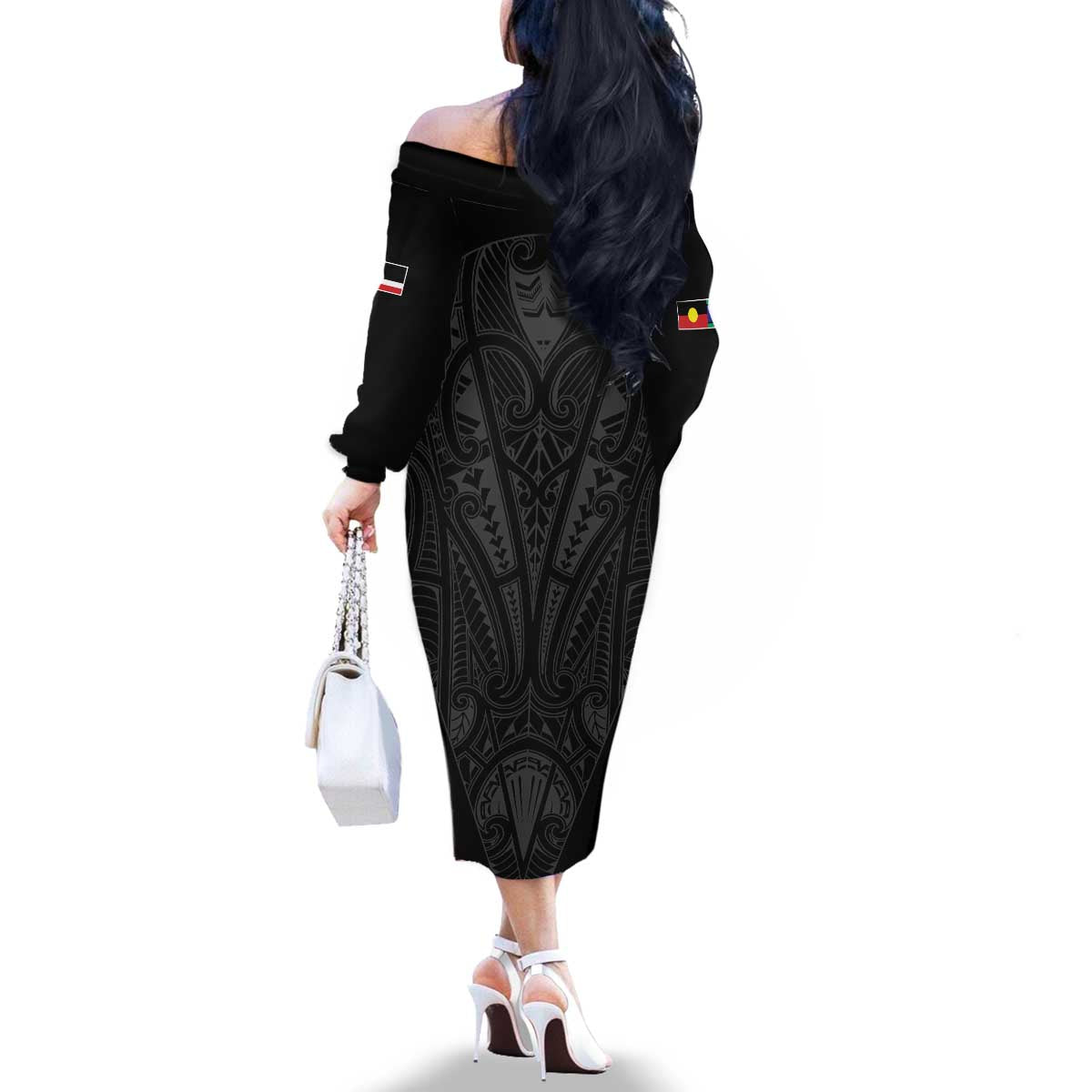 Queensland Maori Rugby Nga Hau e Wha Family Matching Off The Shoulder Long Sleeve Dress and Hawaiian Shirt Black Motif