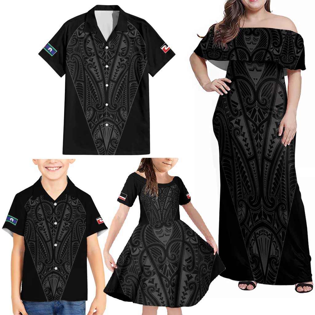 Queensland Maori Rugby Nga Hau e Wha Family Matching Off Shoulder Maxi Dress and Hawaiian Shirt Black Motif