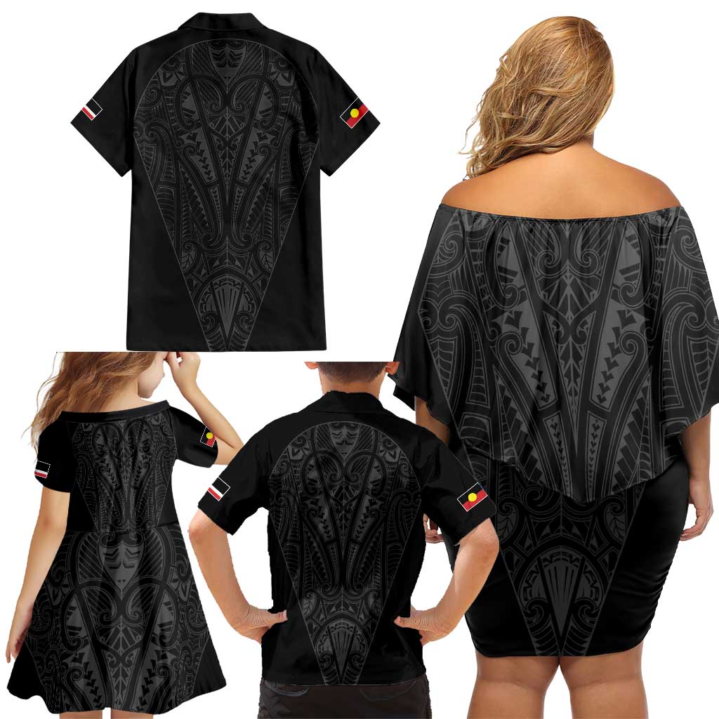 Queensland Maori Rugby Nga Hau e Wha Family Matching Off Shoulder Short Dress and Hawaiian Shirt Black Motif