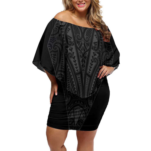 Queensland Maori Rugby Nga Hau e Wha Family Matching Off Shoulder Short Dress and Hawaiian Shirt Black Motif