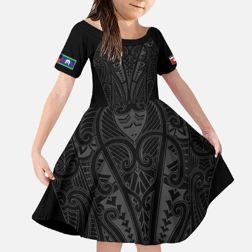 Queensland Maori Rugby Nga Hau e Wha Family Matching Short Sleeve Bodycon Dress and Hawaiian Shirt Black Motif