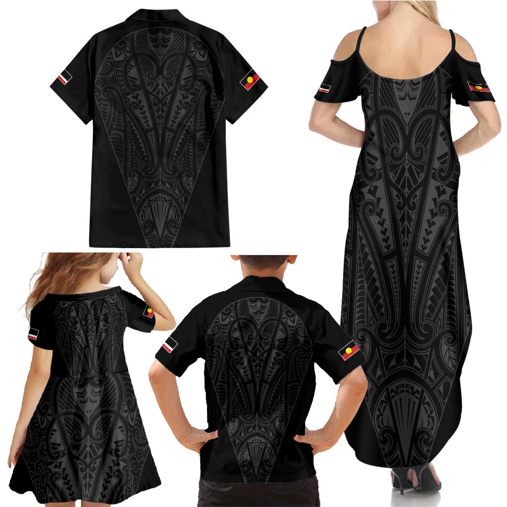 Queensland Maori Rugby Nga Hau e Wha Family Matching Summer Maxi Dress and Hawaiian Shirt Black Motif