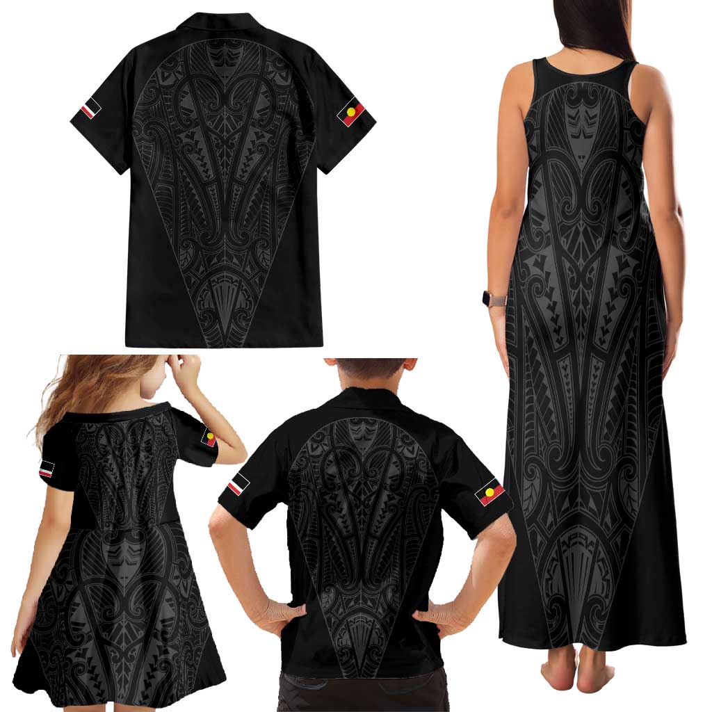 Queensland Maori Rugby Nga Hau e Wha Family Matching Tank Maxi Dress and Hawaiian Shirt Black Motif