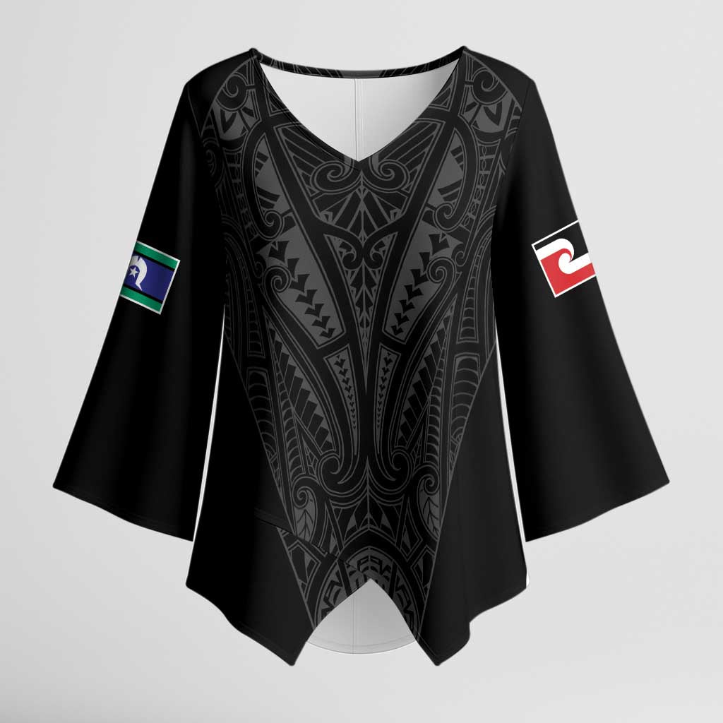 Queensland Maori Rugby Nga Hau e Wha Kimono Sleeve Blouse Black Motif - Aussie Hoodie
