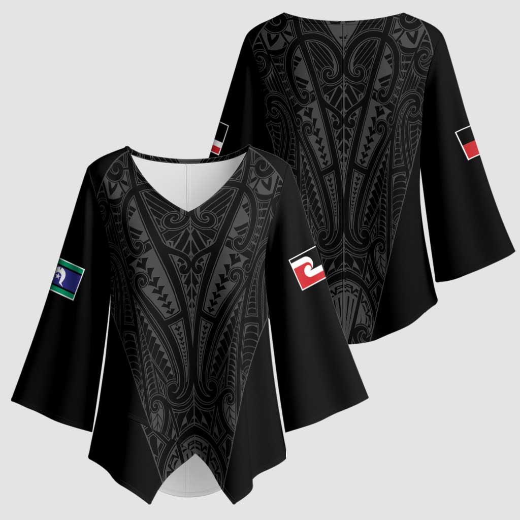 Queensland Maori Rugby Nga Hau e Wha Kimono Sleeve Blouse Black Motif - Aussie Hoodie