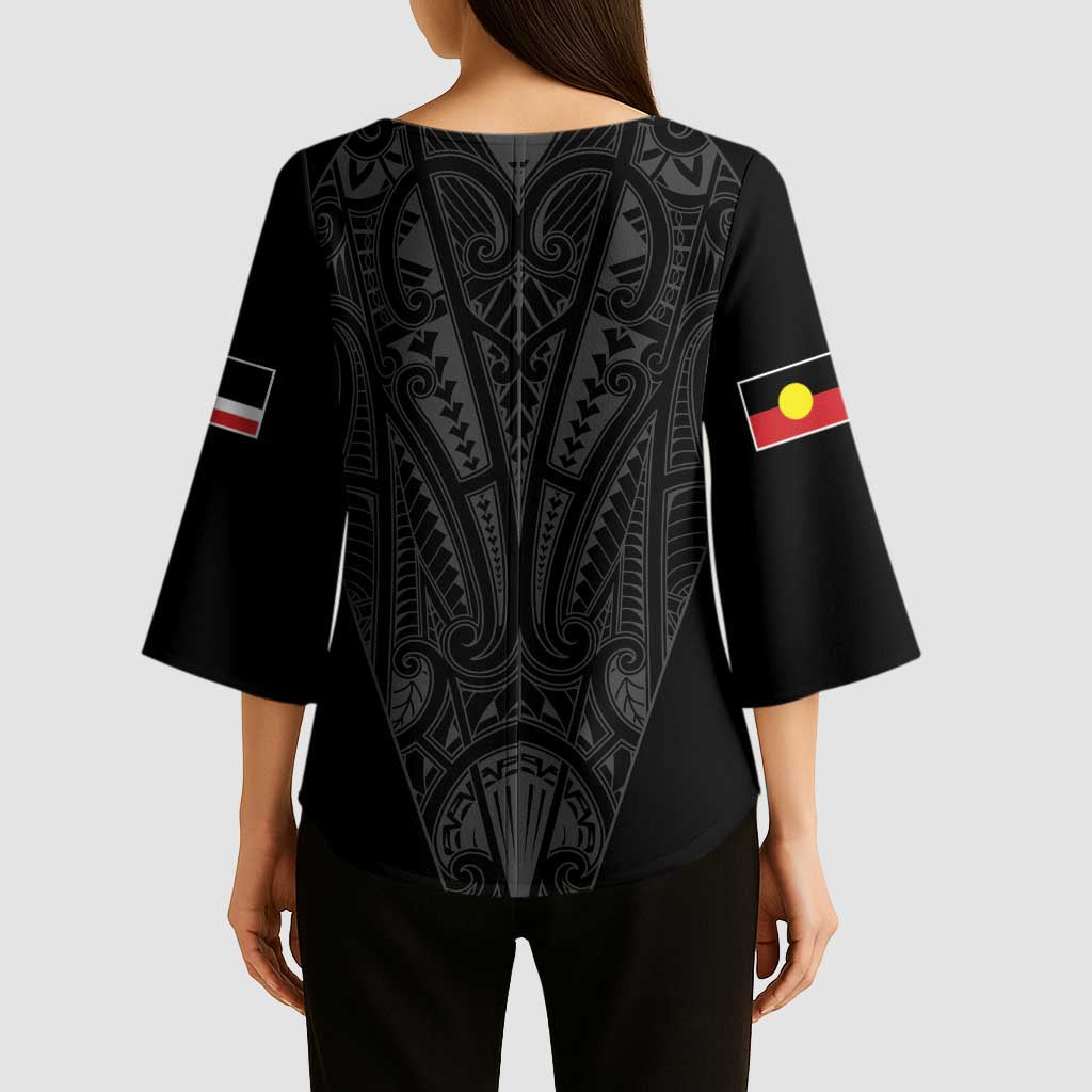 Queensland Maori Rugby Nga Hau e Wha Kimono Sleeve Blouse Black Motif - Aussie Hoodie