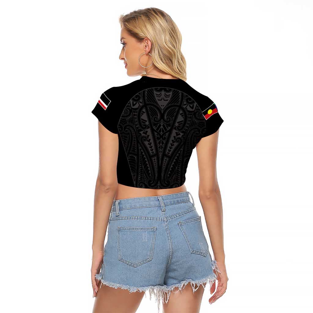 Queensland Maori Rugby Nga Hau e Wha Raglan Cropped T Shirt Black Motif