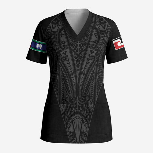 Queensland Maori Rugby Nga Hau e Wha Scrub Top Black Motif - Aussie Hoodie