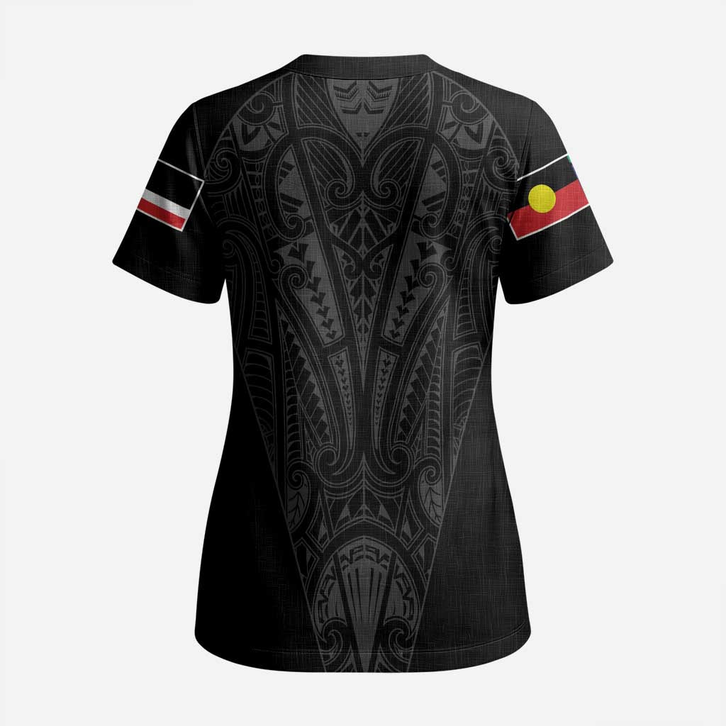 Queensland Maori Rugby Nga Hau e Wha Scrub Top Black Motif - Aussie Hoodie