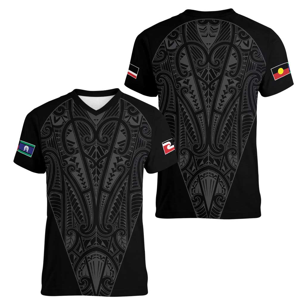 Queensland Maori Rugby Nga Hau e Wha Women V-Neck T-Shirt Black Motif