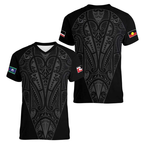 Queensland Maori Rugby Nga Hau e Wha Women V-Neck T-Shirt Black Motif
