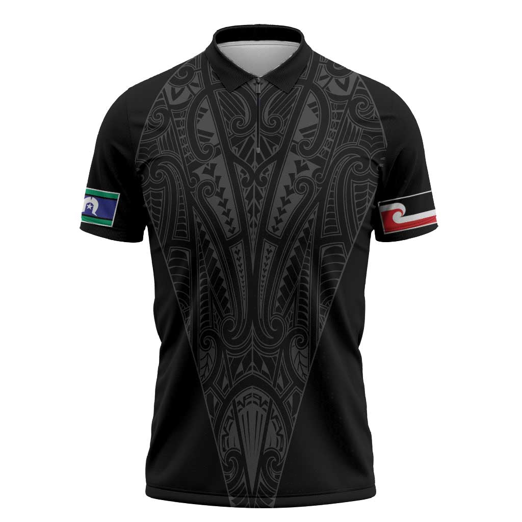 Queensland Maori Rugby Nga Hau e Wha Zipper Polo Shirt Black Motif - Aussie Hoodie