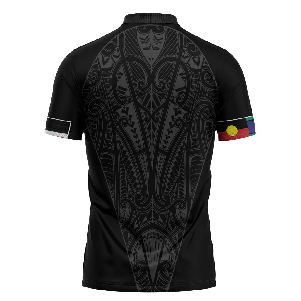 Queensland Maori Rugby Nga Hau e Wha Zipper Polo Shirt Black Motif - Aussie Hoodie