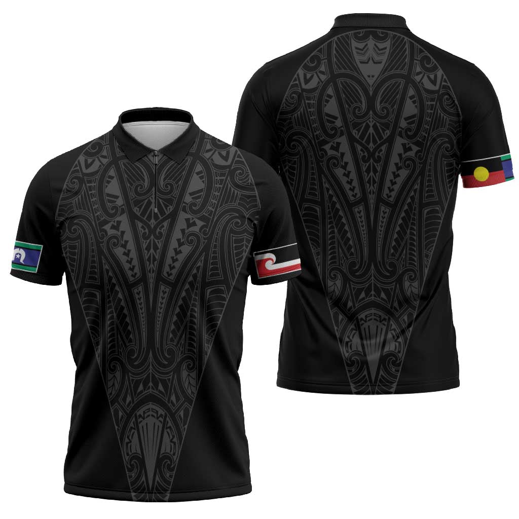 Queensland Maori Rugby Nga Hau e Wha Zipper Polo Shirt Black Motif - Aussie Hoodie
