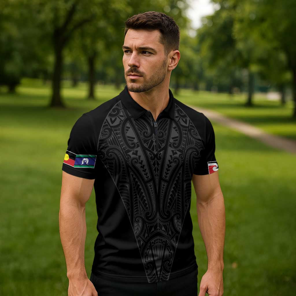 Queensland Maori Rugby Nga Hau e Wha Zipper Polo Shirt Black Motif - Aussie Hoodie