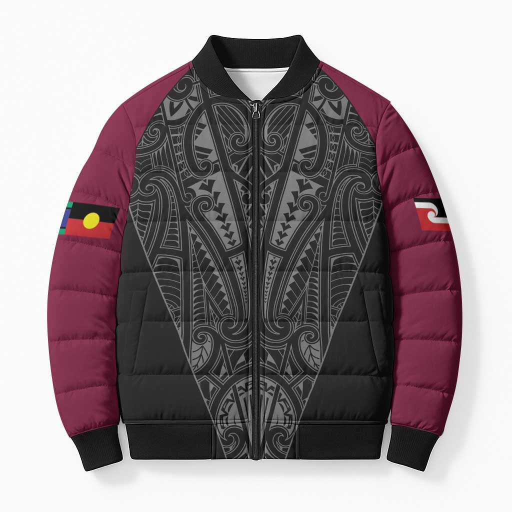 Queensland Maori Rugby Nga Hau e Wha Bomber Puffer Jacket Maroon Motif - Aussie Hoodie