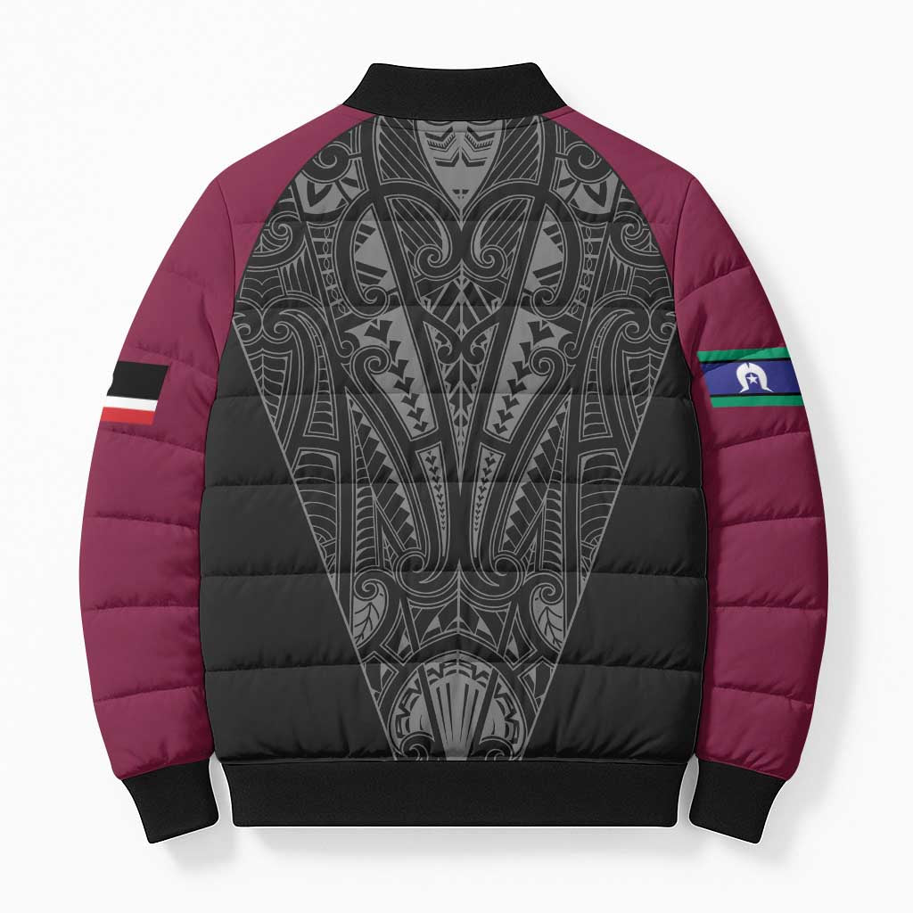 Queensland Maori Rugby Nga Hau e Wha Bomber Puffer Jacket Maroon Motif - Aussie Hoodie