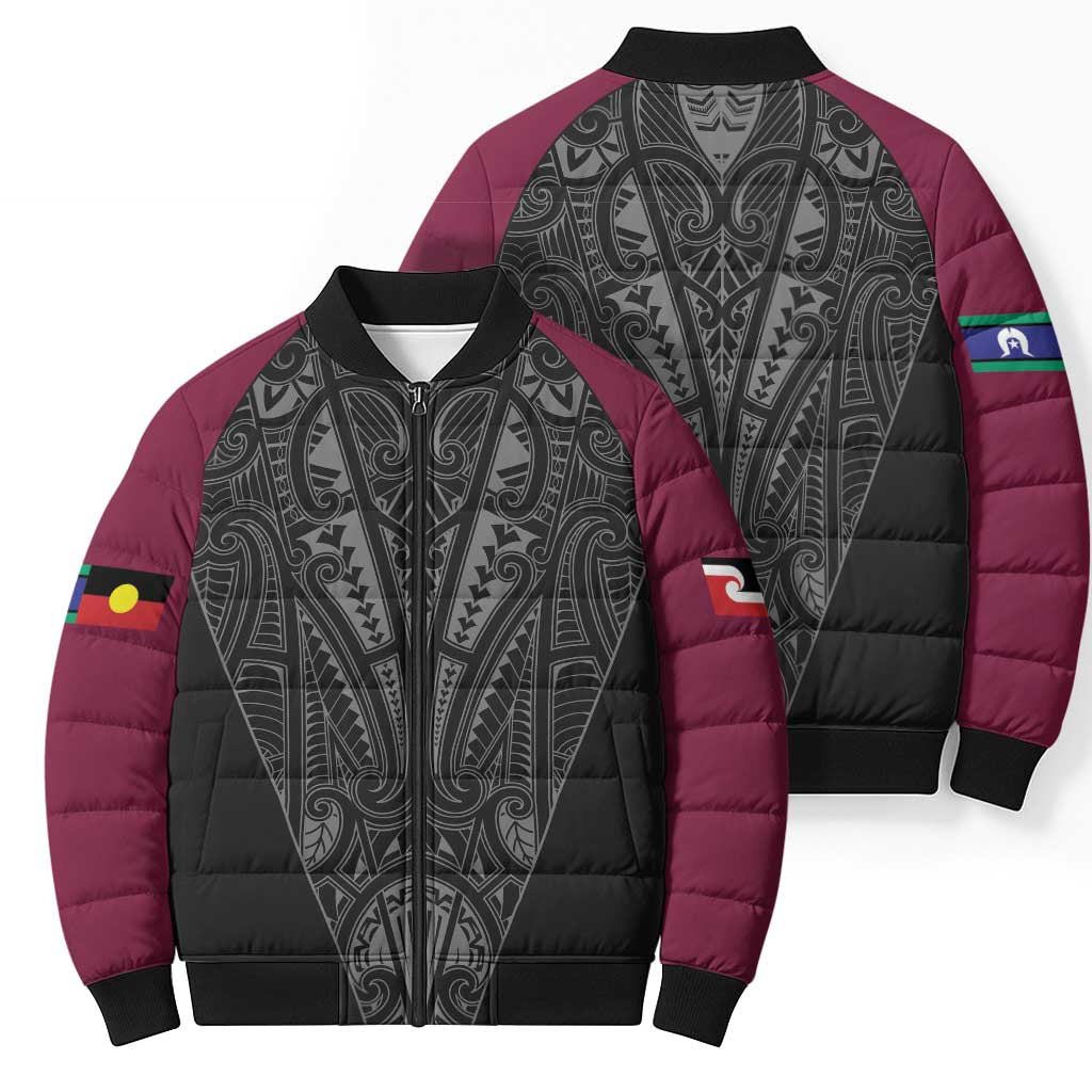 Queensland Maori Rugby Nga Hau e Wha Bomber Puffer Jacket Maroon Motif - Aussie Hoodie
