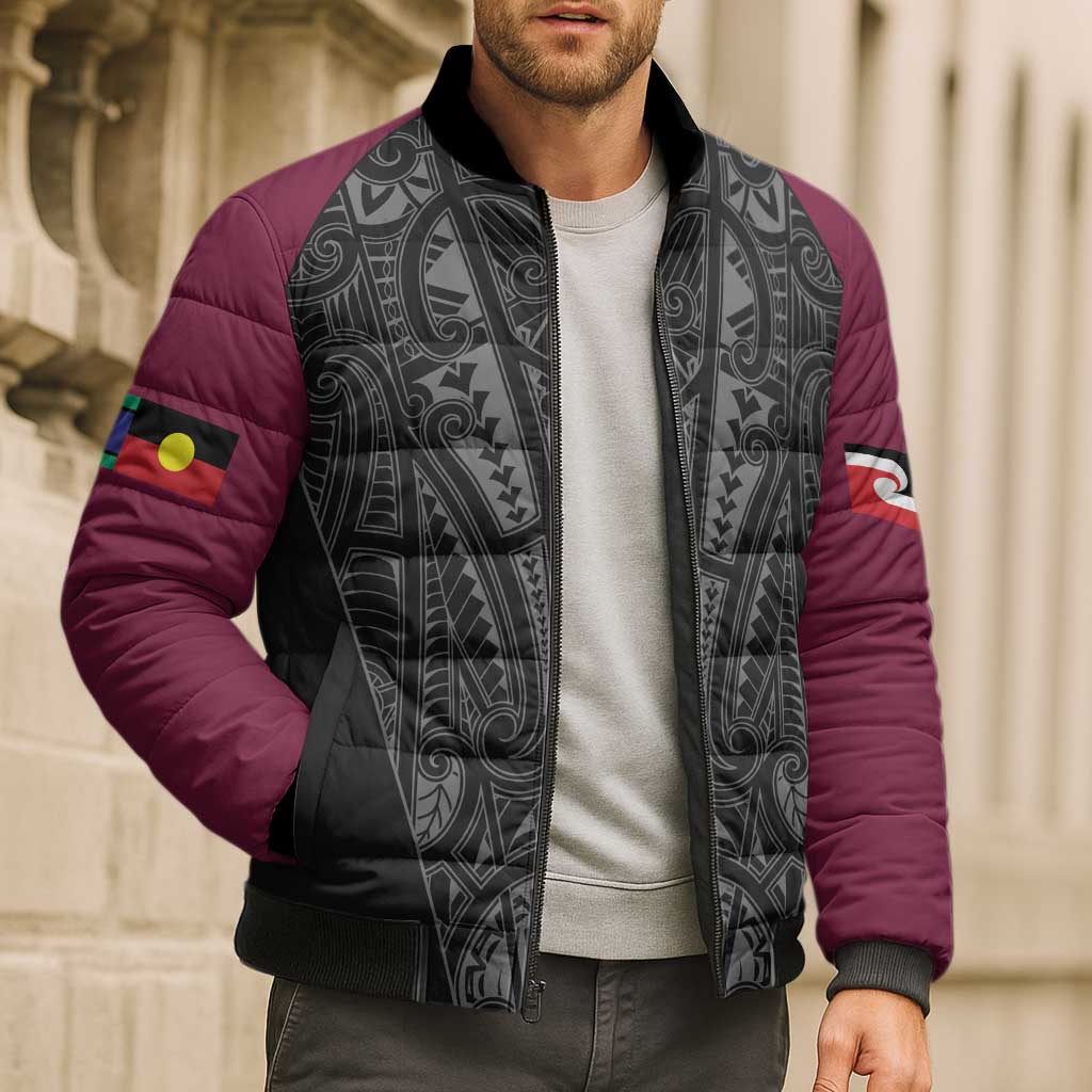 Queensland Maori Rugby Nga Hau e Wha Bomber Puffer Jacket Maroon Motif - Aussie Hoodie