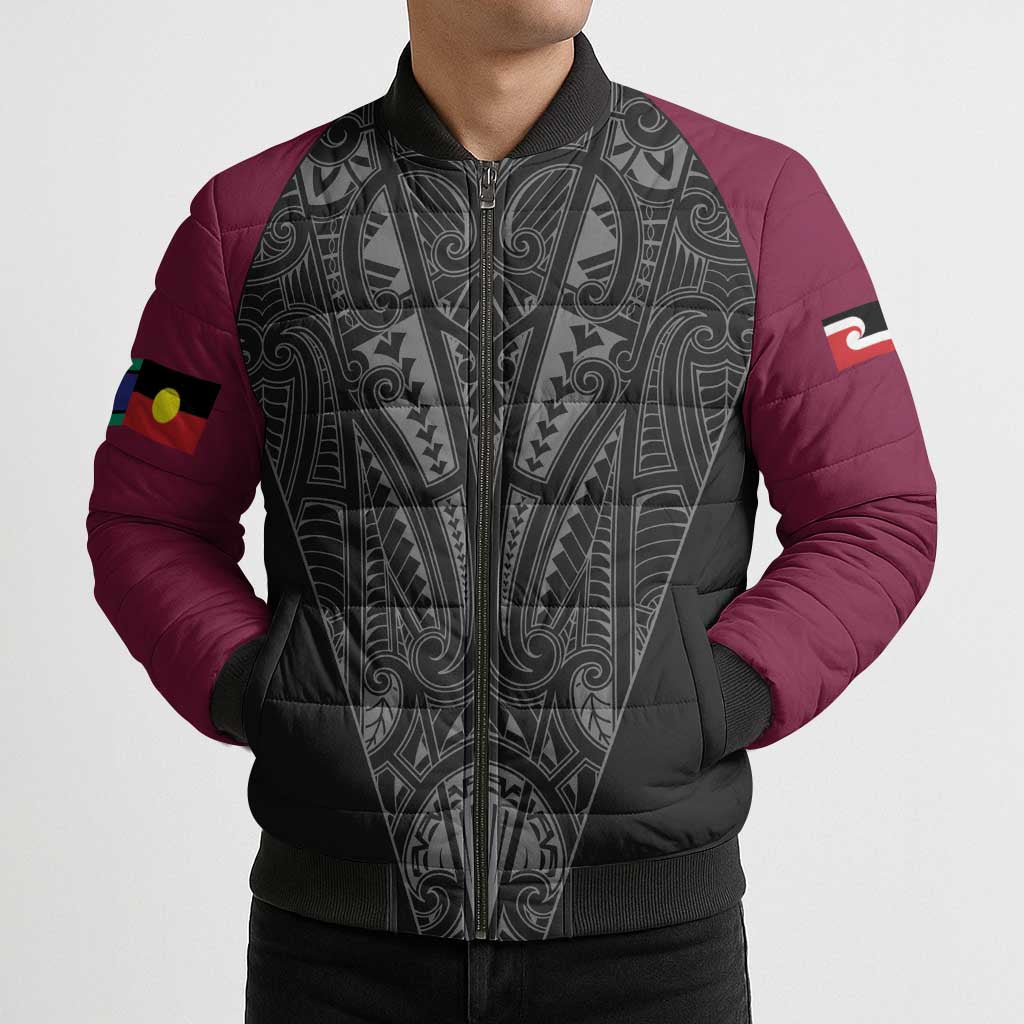 Queensland Maori Rugby Nga Hau e Wha Bomber Puffer Jacket Maroon Motif - Aussie Hoodie