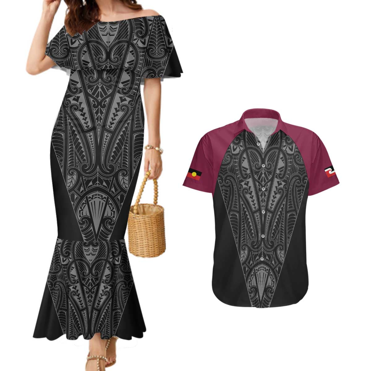 Queensland Maori Rugby Nga Hau e Wha Couples Matching Mermaid Dress and Hawaiian Shirt Maroon Motif