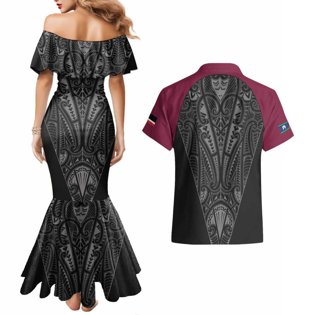 Queensland Maori Rugby Nga Hau e Wha Couples Matching Mermaid Dress and Hawaiian Shirt Maroon Motif