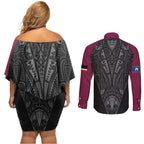 Queensland Maori Rugby Nga Hau e Wha Couples Matching Off Shoulder Short Dress and Long Sleeve Button Shirt Maroon Motif