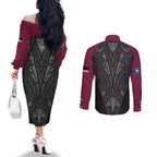 Queensland Maori Rugby Nga Hau e Wha Couples Matching Off The Shoulder Long Sleeve Dress and Long Sleeve Button Shirt Maroon Motif