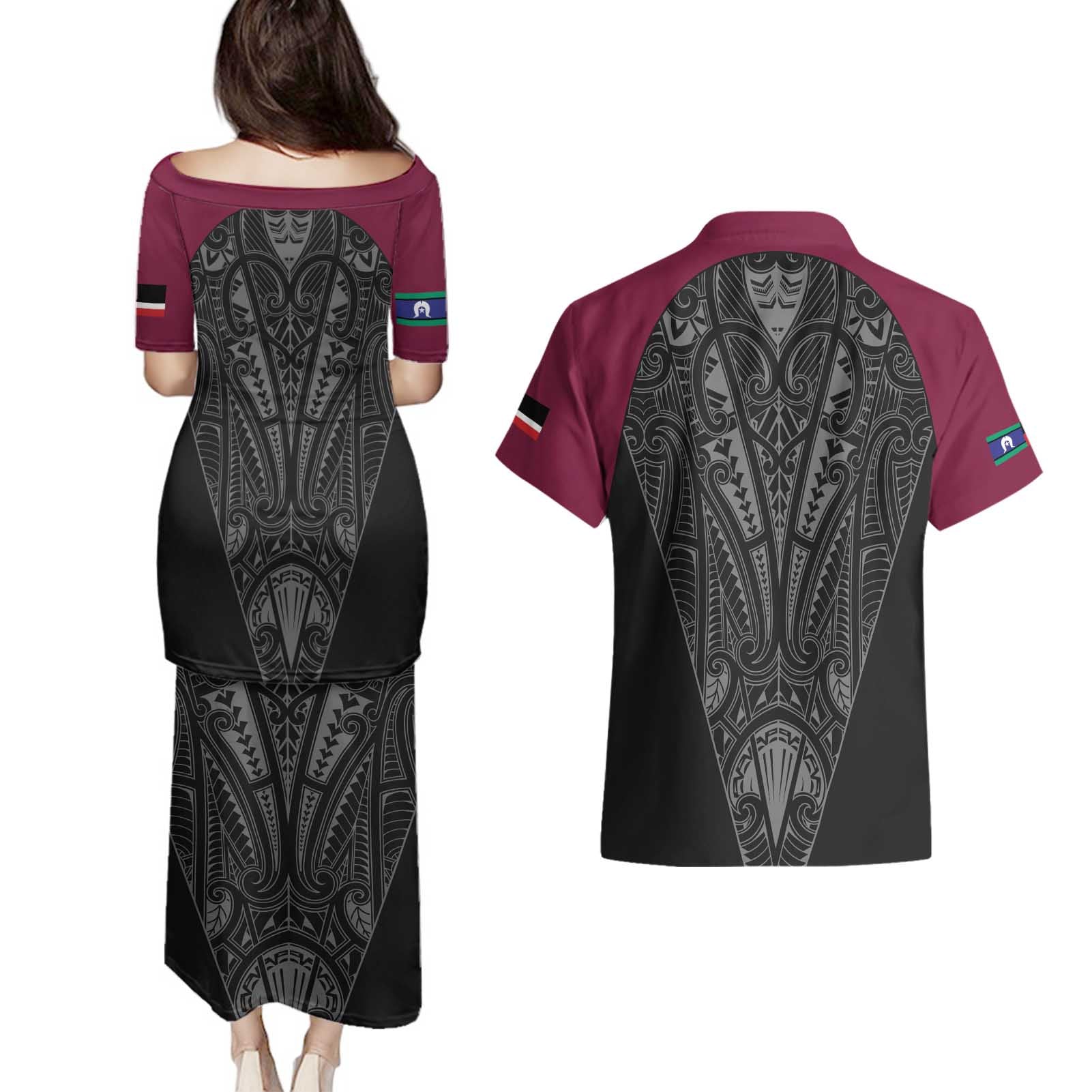 Queensland Maori Rugby Nga Hau e Wha Couples Matching Puletasi and Hawaiian Shirt Maroon Motif
