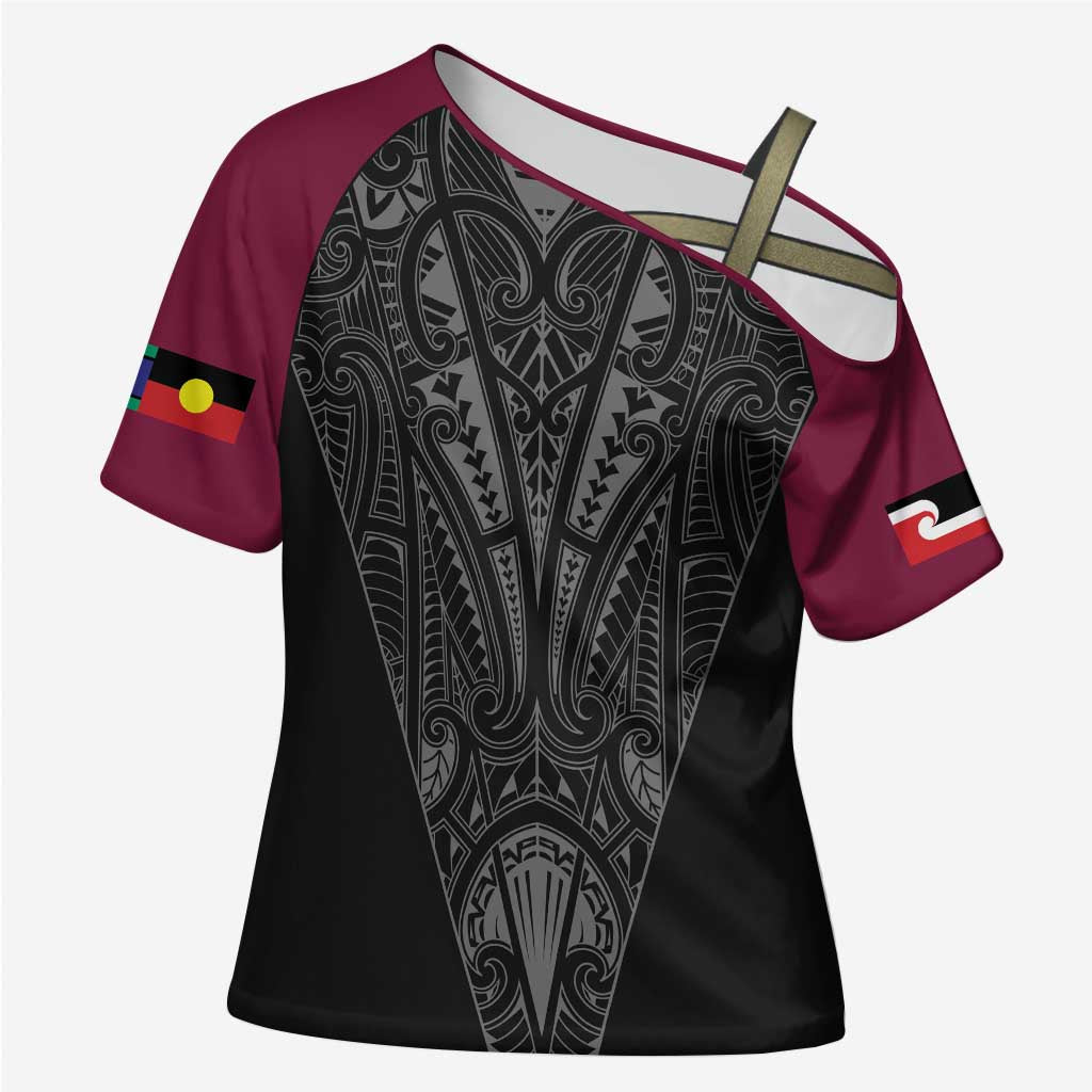 Queensland Maori Rugby Nga Hau e Wha Cross Shoulder Shirt Maroon Motif - Aussie Hoodie