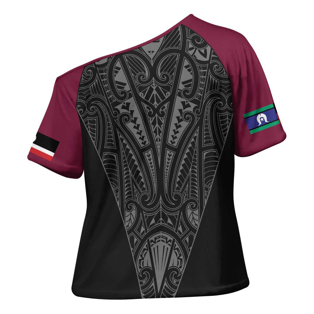 Queensland Maori Rugby Nga Hau e Wha Cross Shoulder Shirt Maroon Motif - Aussie Hoodie