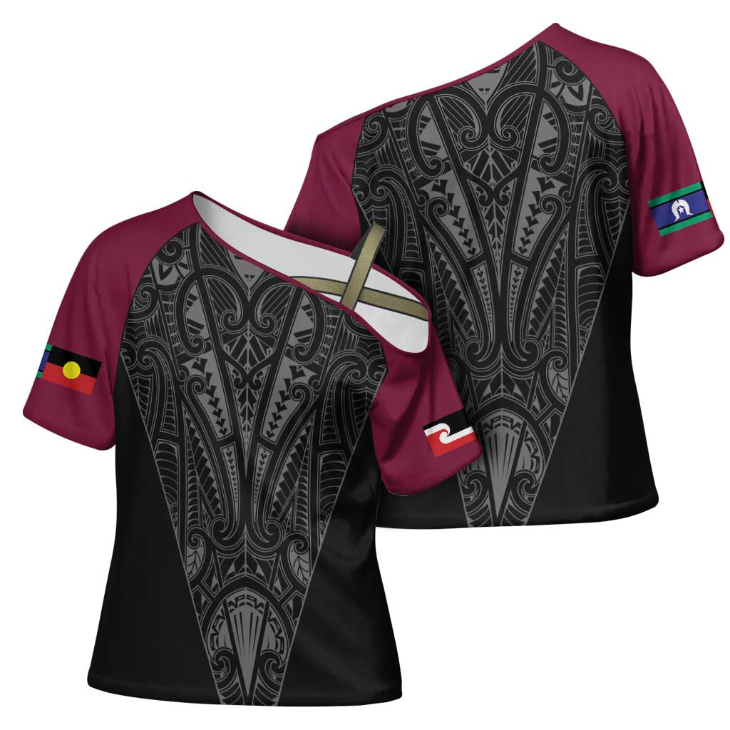 Queensland Maori Rugby Nga Hau e Wha Cross Shoulder Shirt Maroon Motif - Aussie Hoodie