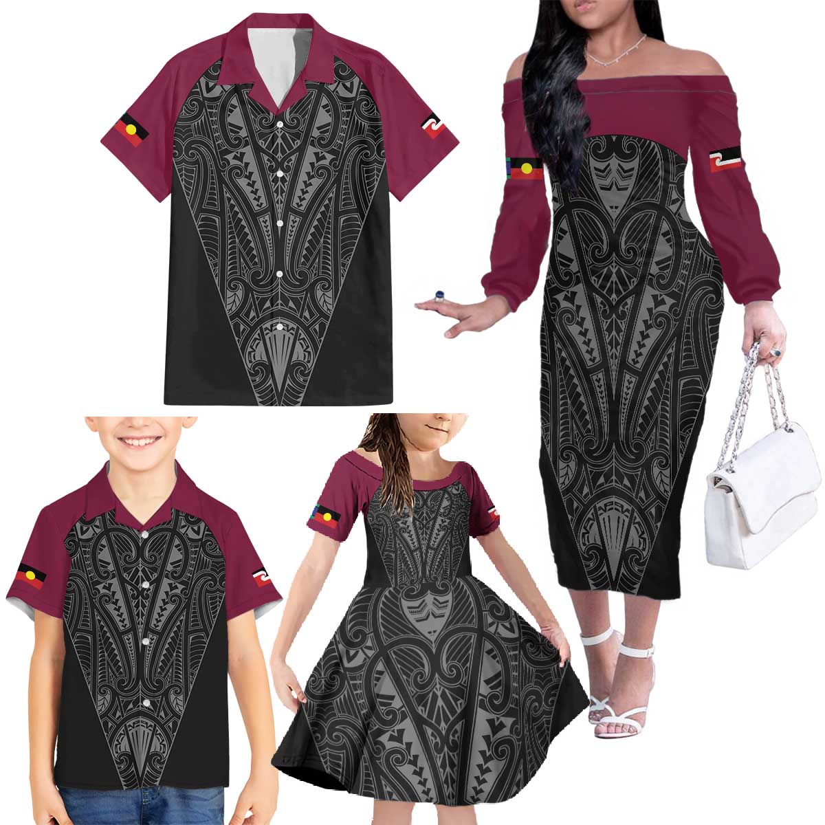 Queensland Maori Rugby Nga Hau e Wha Family Matching Off The Shoulder Long Sleeve Dress and Hawaiian Shirt Maroon Motif