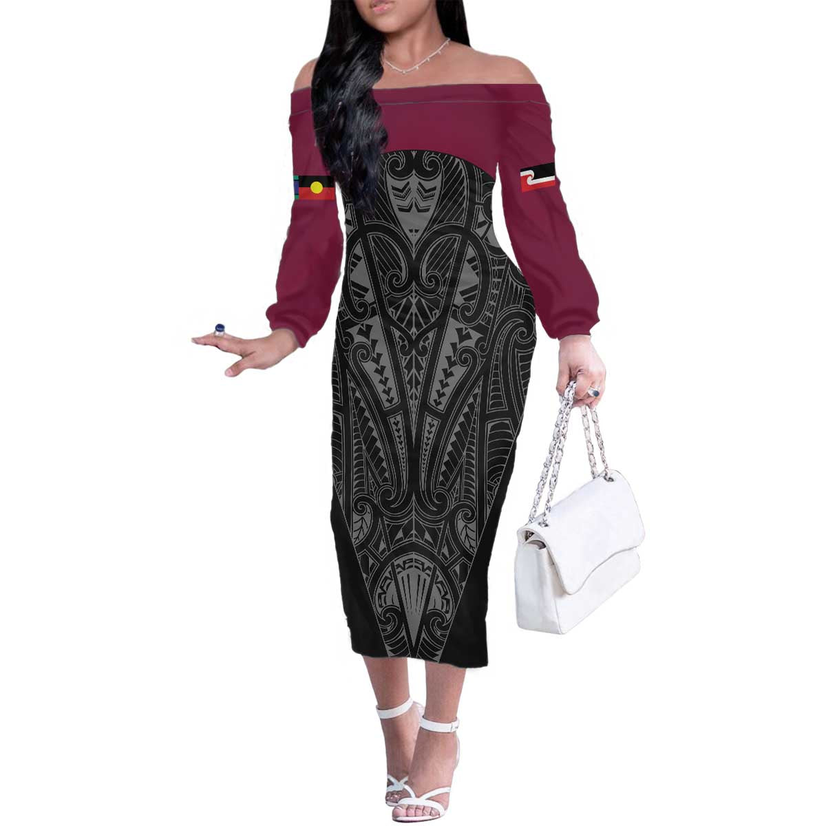 Queensland Maori Rugby Nga Hau e Wha Family Matching Off The Shoulder Long Sleeve Dress and Hawaiian Shirt Maroon Motif