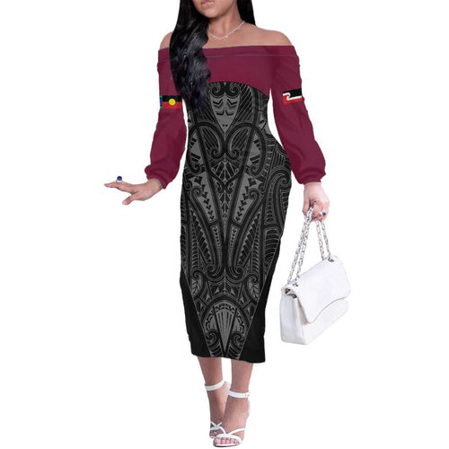Queensland Maori Rugby Nga Hau e Wha Family Matching Off The Shoulder Long Sleeve Dress and Hawaiian Shirt Maroon Motif
