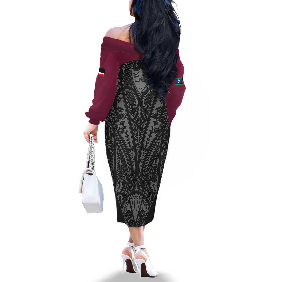 Queensland Maori Rugby Nga Hau e Wha Family Matching Off The Shoulder Long Sleeve Dress and Hawaiian Shirt Maroon Motif