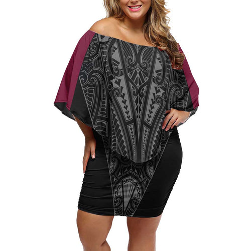 Queensland Maori Rugby Nga Hau e Wha Family Matching Off Shoulder Short Dress and Hawaiian Shirt Maroon Motif
